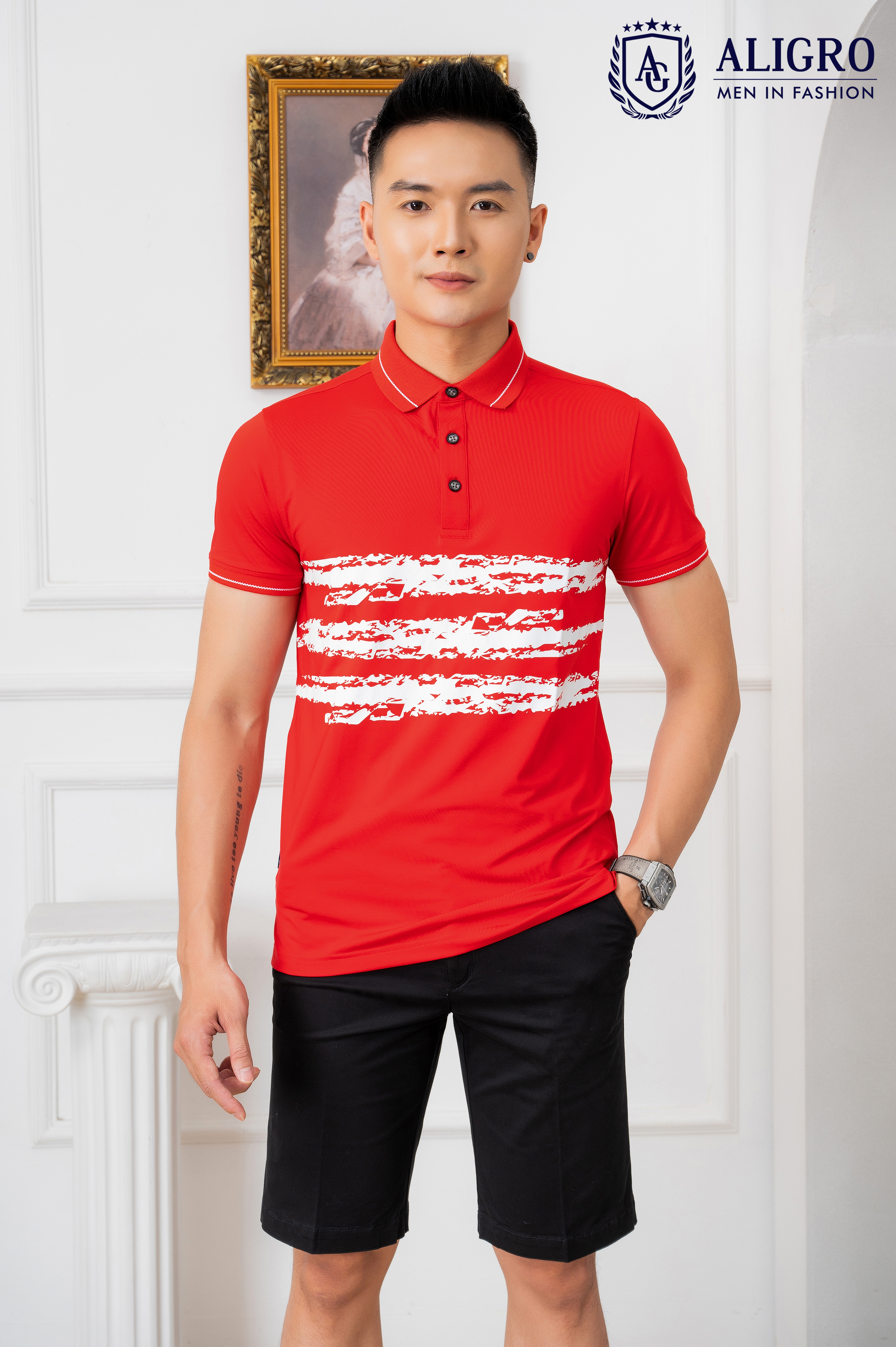 Áo Polo đỏ phối kẻ ngang Aligro ALGPLO71