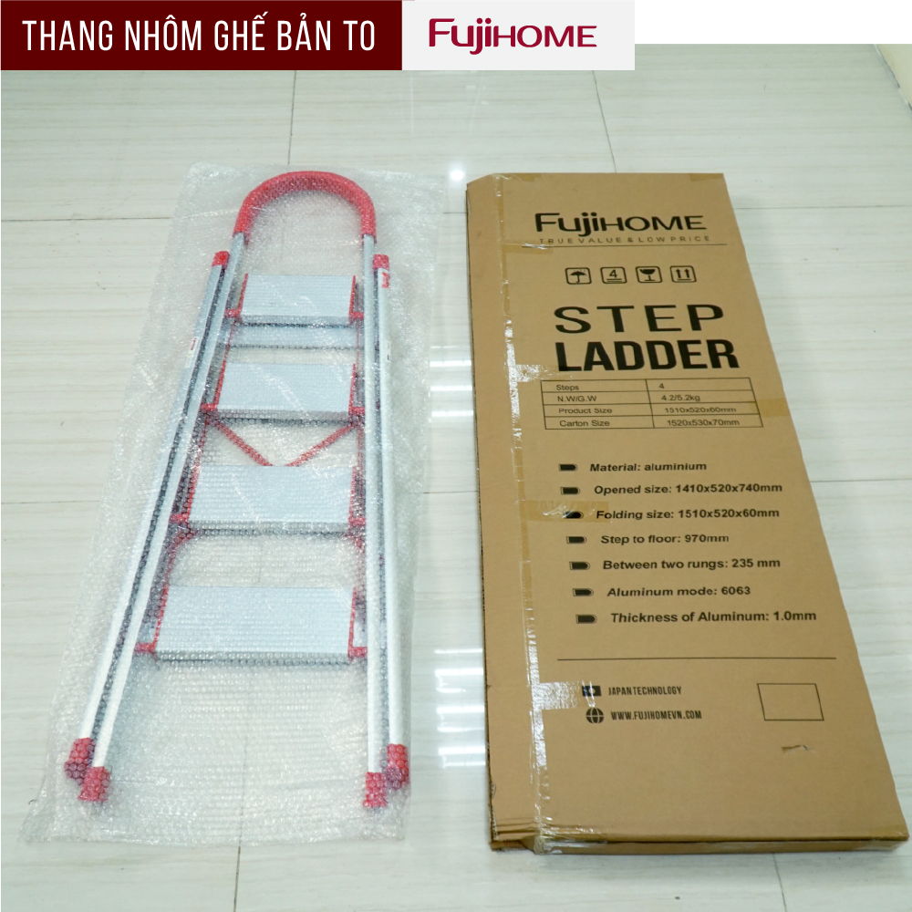 Thang ghế nhôm tay vịn chữ A bản to 5 bậc 1,65m xếp gọn Nhật Bản Fujihome chống trượt, Ghế thang gia đình chữ A đa năng rút gọn thắp hương 1m6 mét step stool ladder