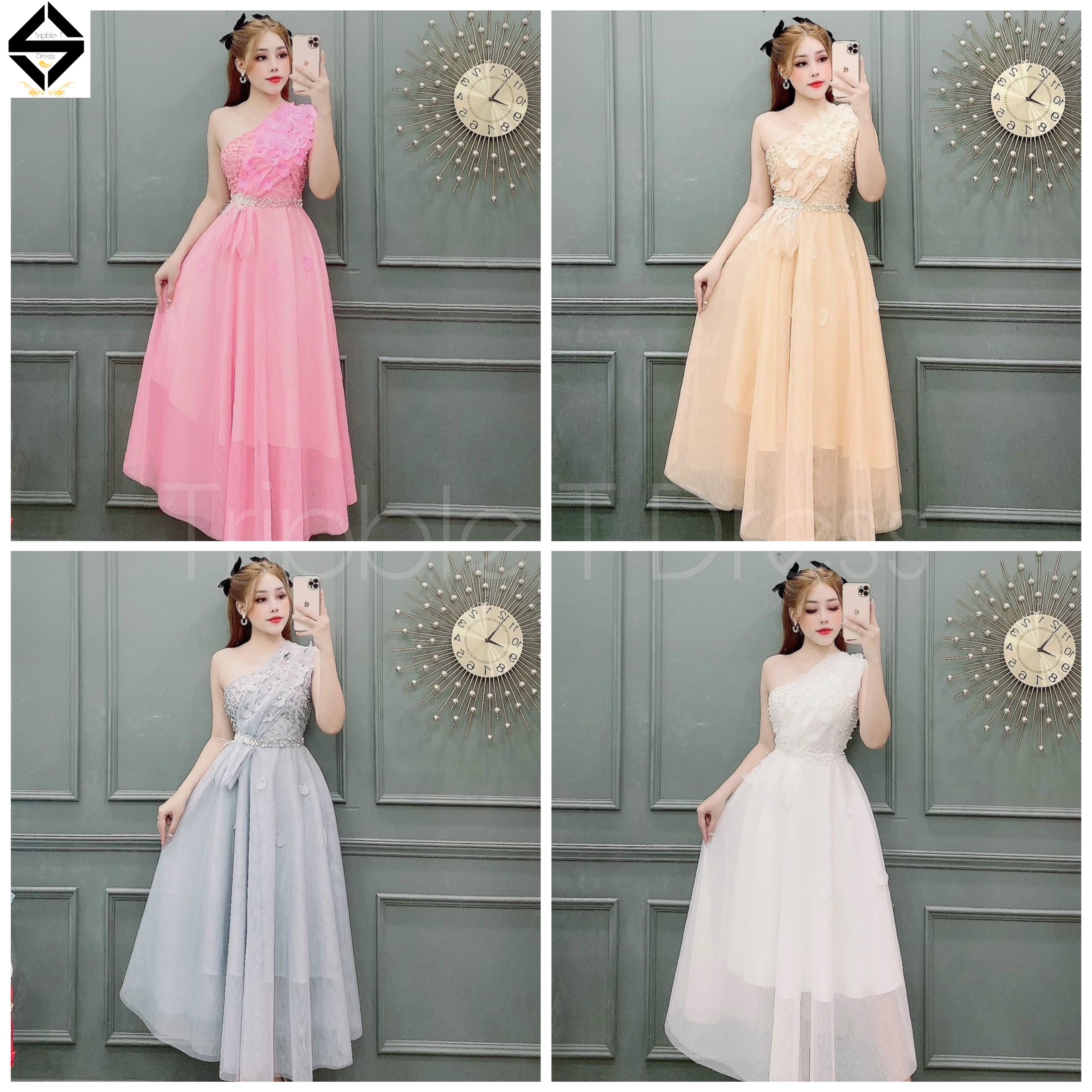 Đầm xoè dự tiệc lệch vai kết hoa nổi và cườm TRIPBLE T DRESS - size M/L - MS149V