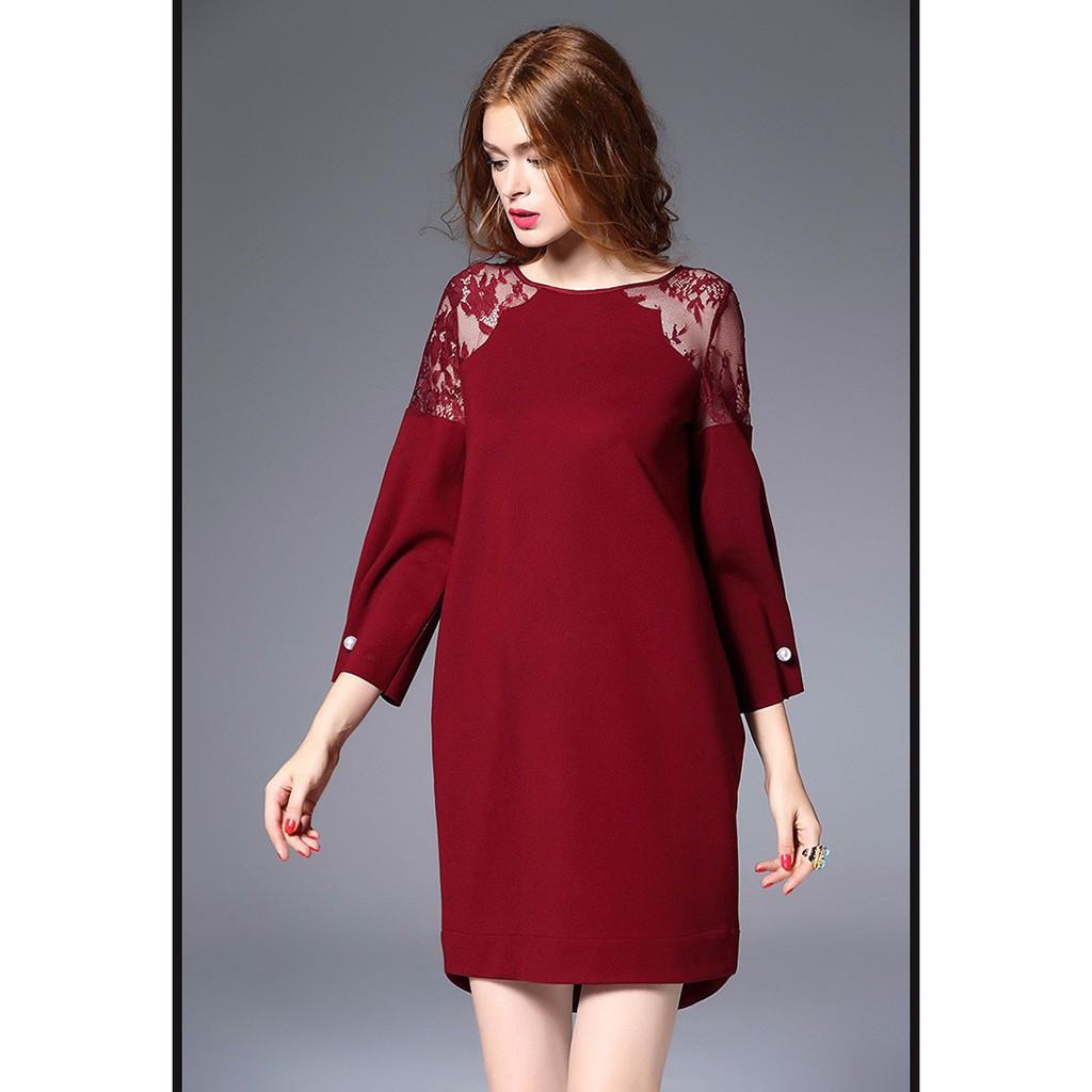 HÀNG ĐỦ SIZE: Đầm suông phối ren thu đông - DST01