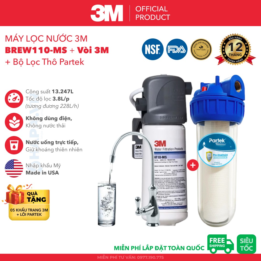 Máy Lọc Nước 3M BREW110-MS Chuẩn Nước Khoáng Uống Trực Tiếp Không Dùng Điện - Nhập Khẩu Mỹ, Hàng Chính Hãng 3M - BREW110MS HF10-MS HF10MS