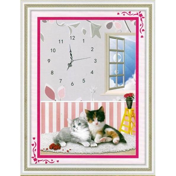 Tranh thêu hai chú mèo đồng hồ A994 - kích thước: 37 * 48cm.