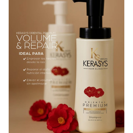 Dầu gội xả tinh dầu hoa trà đỏ giúp phục hồi và làm phồng tóc Kerasys Premium Red Camellia Hàn Quốc 600ml