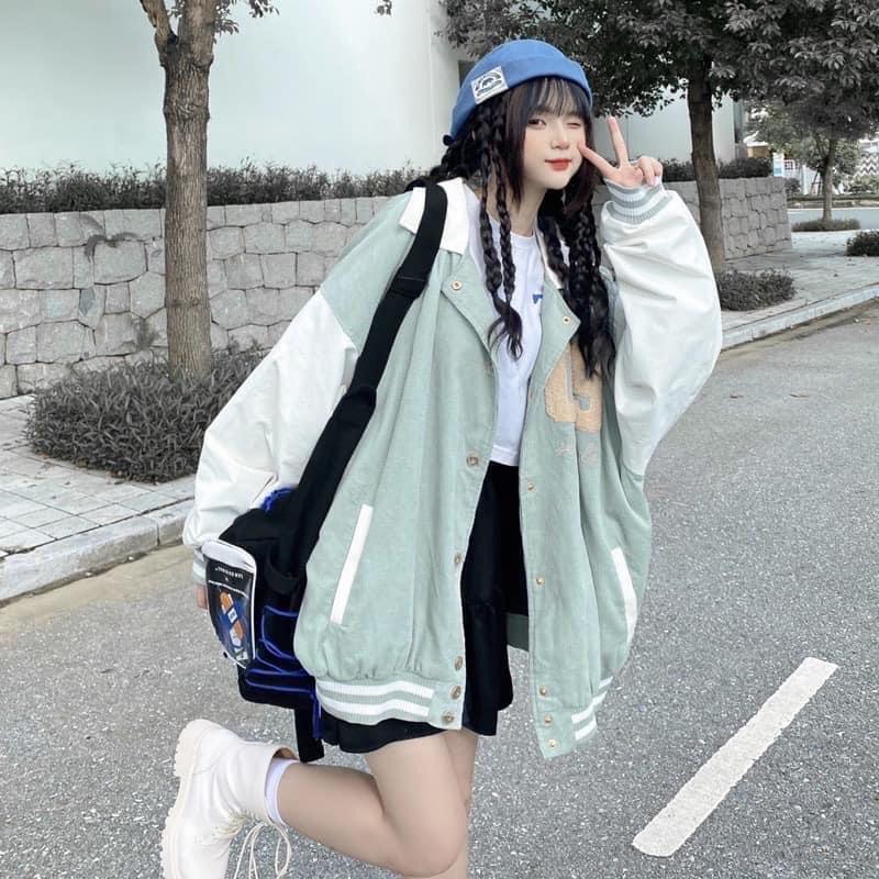 Áo khoác bomber bóng chày cổ sơmi nhung gân 2 lớp thêu số 09 unisex ulzzang nam nữ