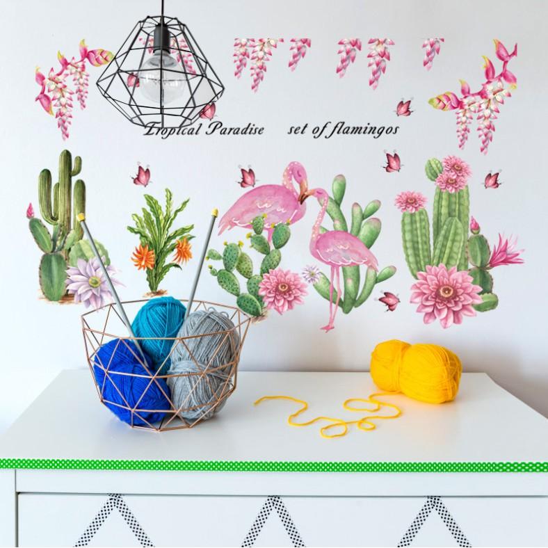 Decal dán tường trang trí - HỒNG HẠC HOA XƯƠNG RỒNG SẮC NÉT