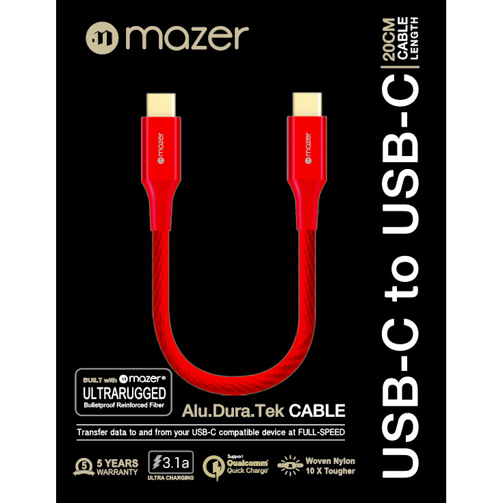 Cáp sạc Mazer ALU.DURA.TEK USB-C to C Cable 3.1A (20cm) - hàng chính hãng