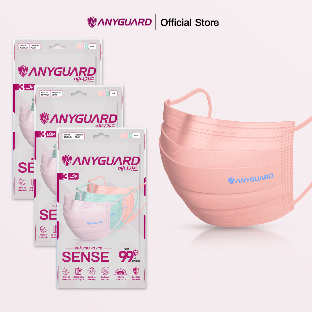 Combo 3 Túi Khẩu Trang Y Tế ANYGUARD SENSE Lọc 99% Vi Khuẩn, Màu Sắc Trendy, An Toàn Da Nhạy Cảm Dành Cho Người Lớn (Túi 10 Chiếc/ Màu Xanh, Tím, Hồng)