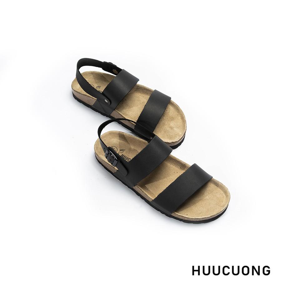 Sandal HuuCuong 2 quai da bò đen đế trấu