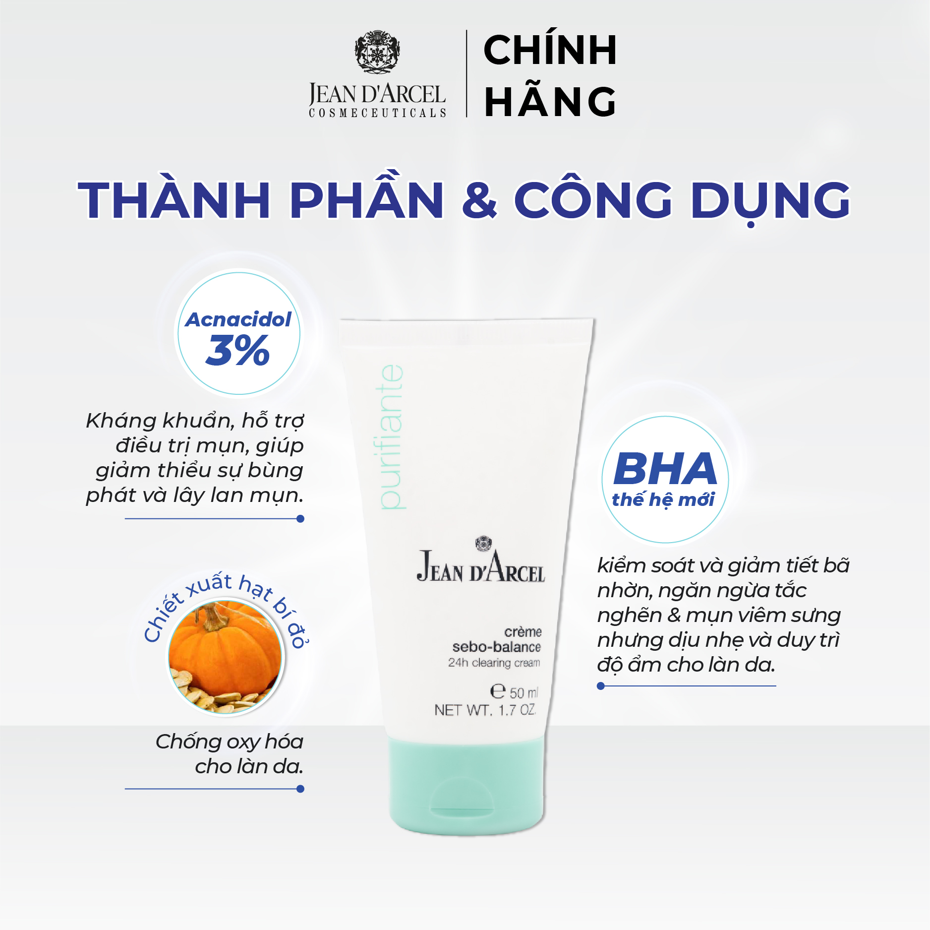 J10 Kem dưỡng giúp giảm mụn Purifiante - 24h Clearing Cream 50ml - Jean d'Arcel