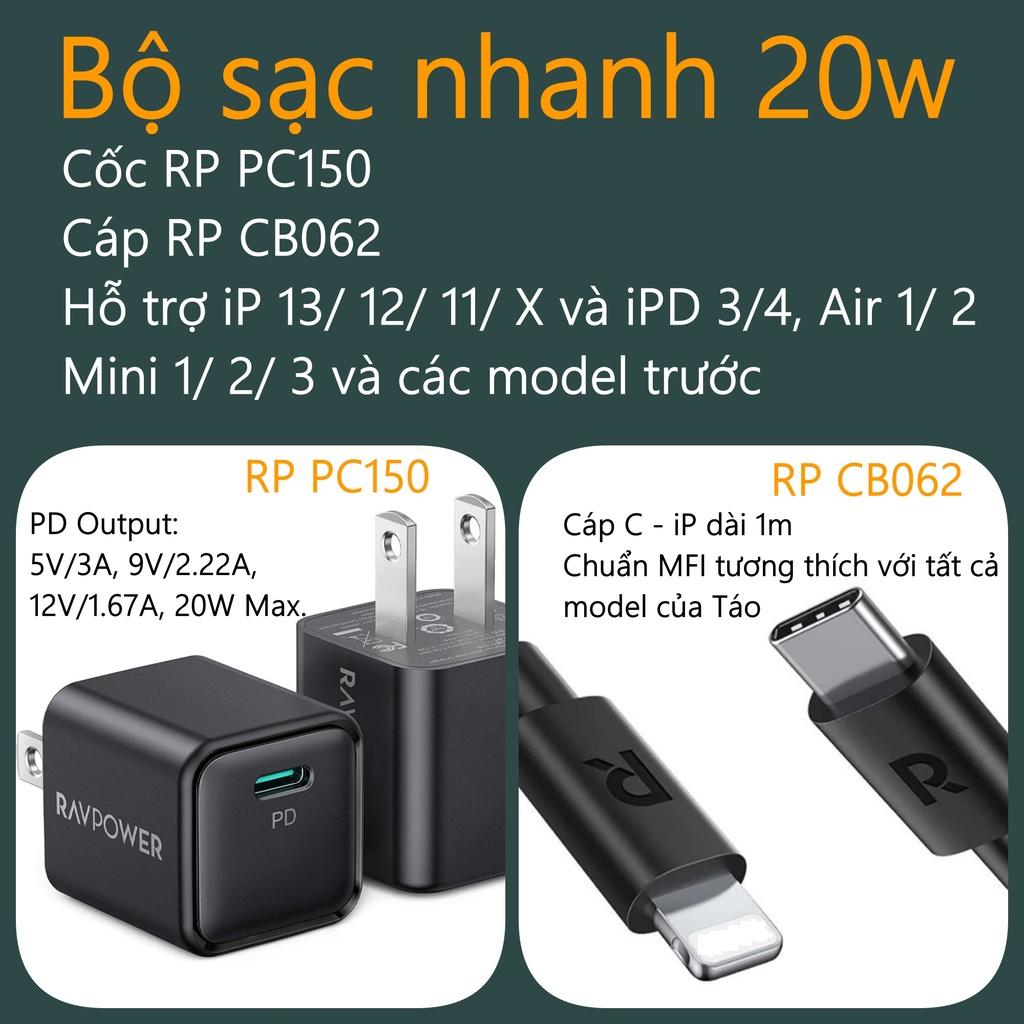 (Không hộp) Bộ sạc nhanh PD 20w cho iP X/ 11/ 12/ 13 và iPd Air 1/ 2, Mini 1/ 2/ 3 - cáp Rp CB062 dài 1m