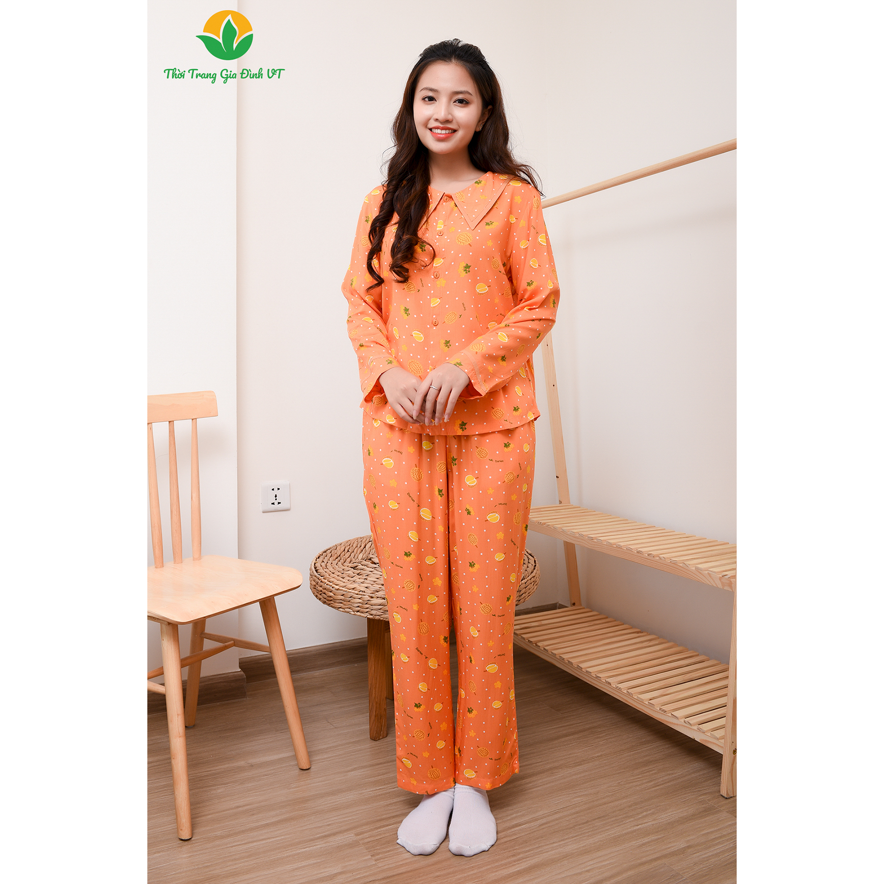 Đồ bộ mặc nhà nữ thu đông Việt Thắng, quần dài, áo dài tay họa tiết chất Lanh - B10.2207