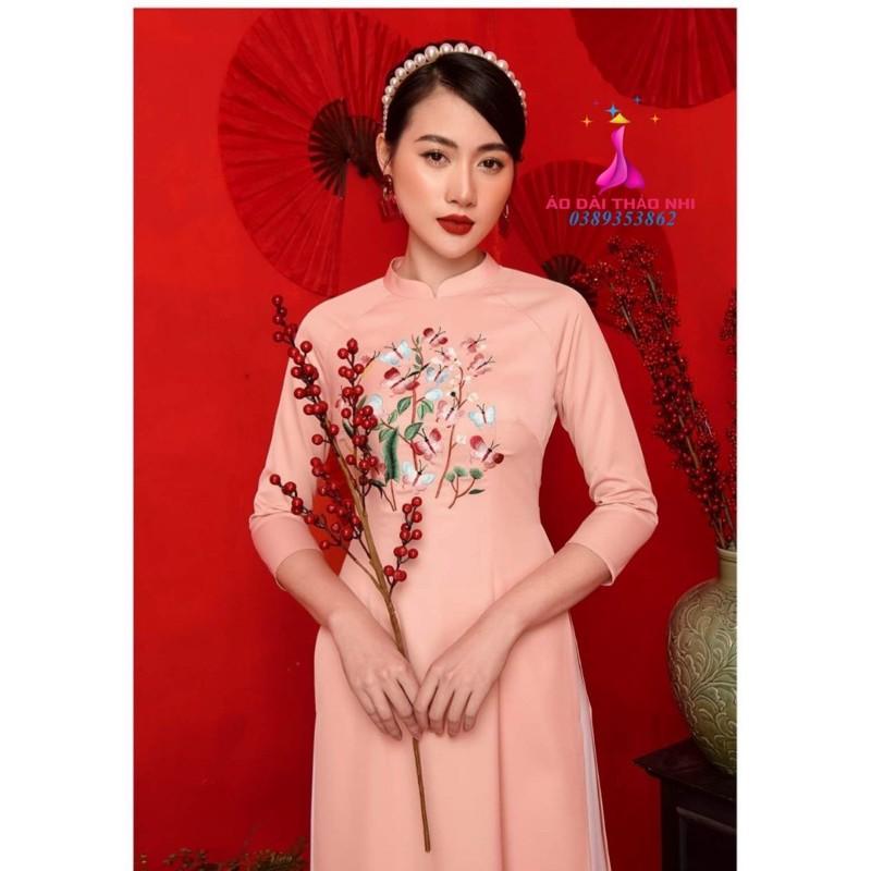 ÁO DÀI HỒNG PASTEL THÊU HOA NHẸ NHÀNG