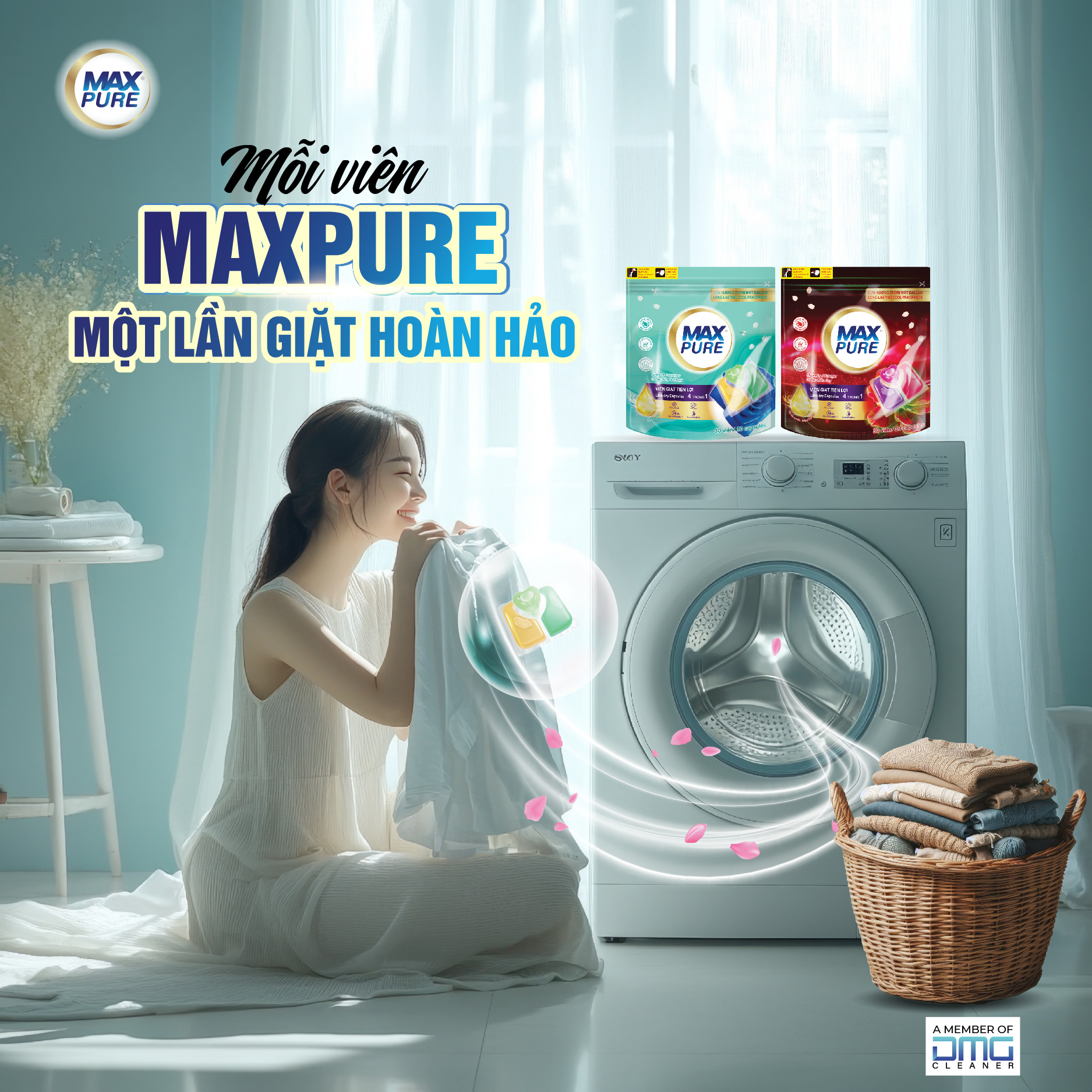 Mua 1 Túi viên giặt Maxpure Hương Huyền Thoại 30v, tặng 1 Viên treo bồn cầu Evershine Hương Chanh