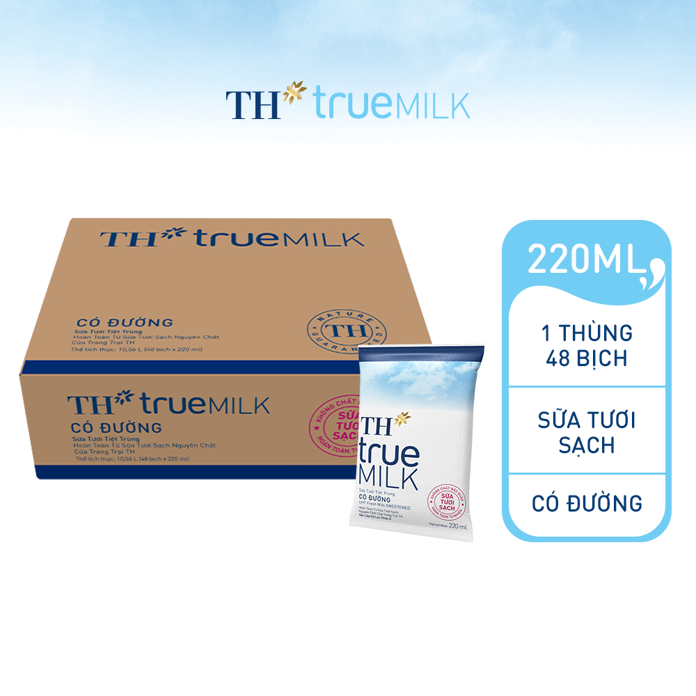 Thùng 48 bịch sữa tươi sạch có đường TH True Milk bịch giấy 220ml (220ml x 48)