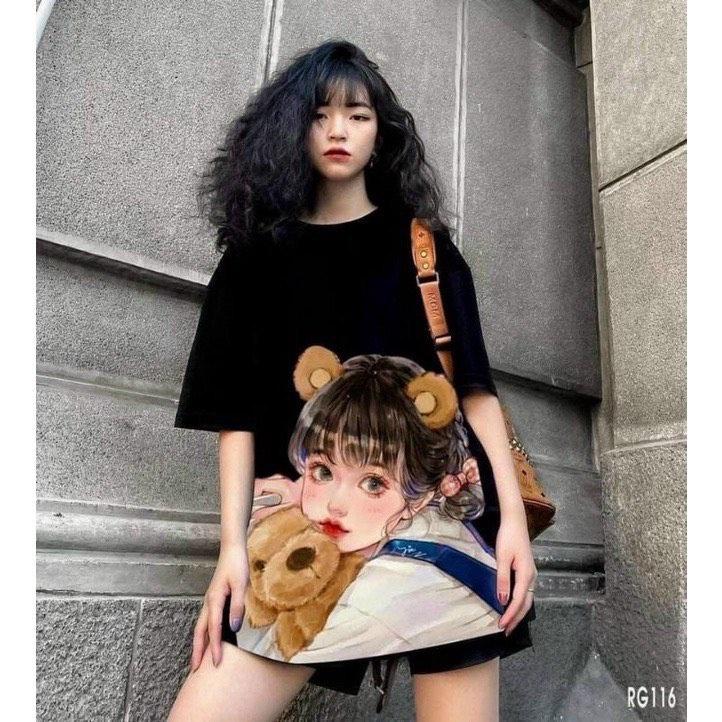 ÁO THUN UNISEX NAM NỮ cô gái ôm gấu