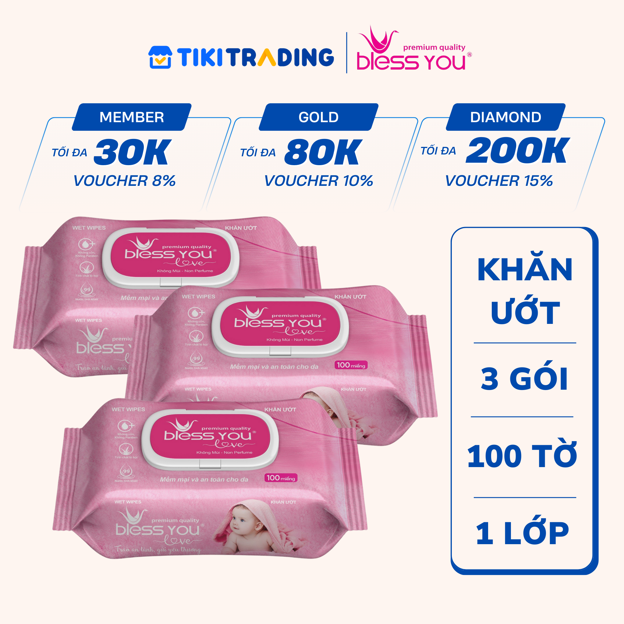 Combo 3 Gói Khăn Ướt Không Mùi Bless You Love 100 Tờ