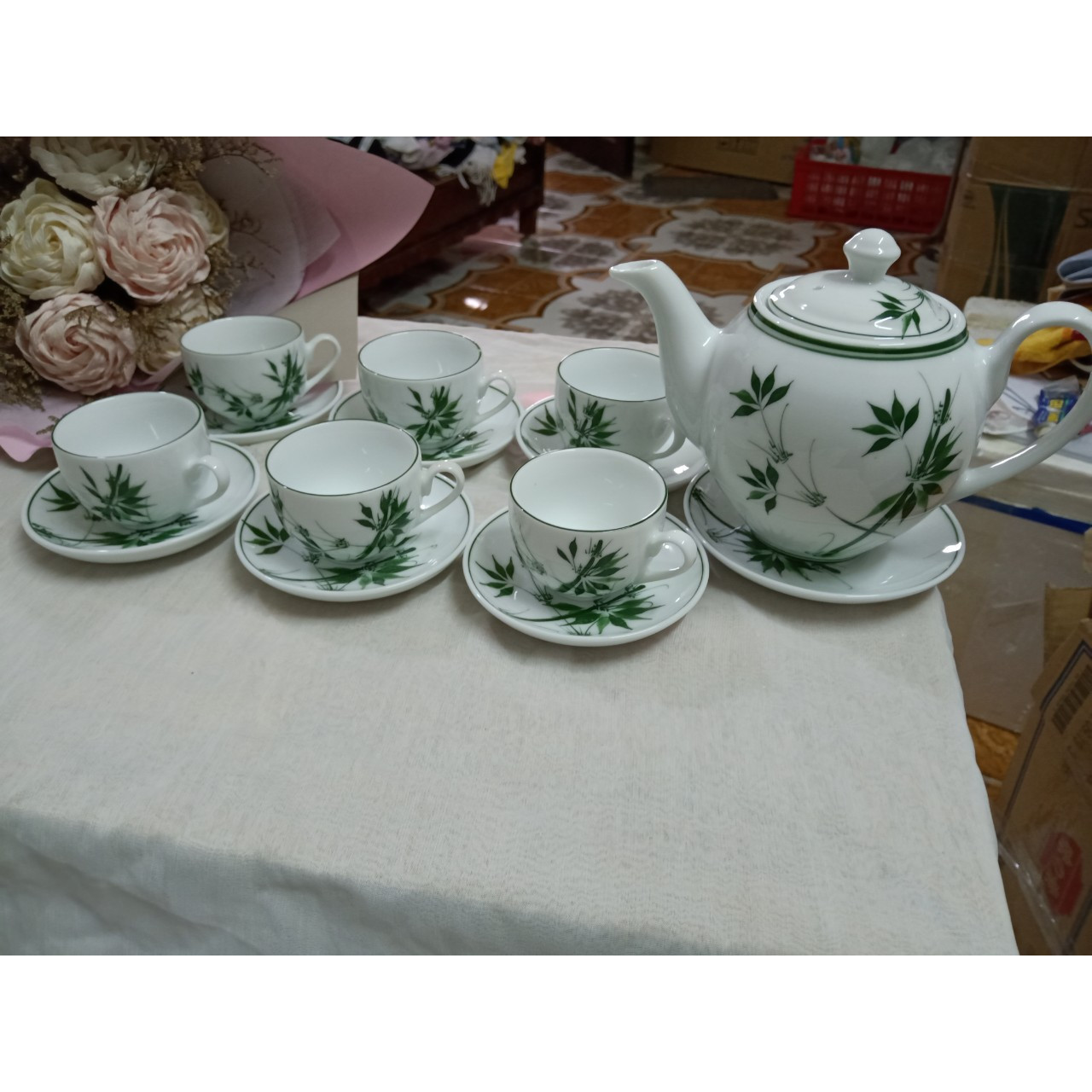 Bộ ấm chén vẽ trúc xanh gốm sứ Bát Tràng