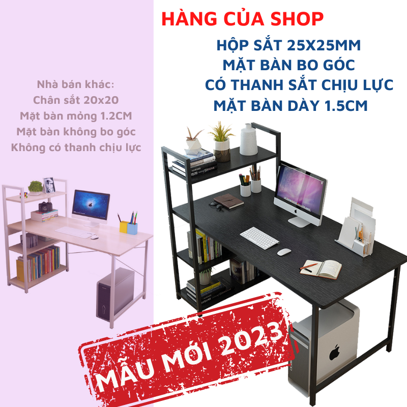 Bàn Học Tập Làm Việc 2in1 Liền Kệ Sách Kích Thước Lớn, Bàn Máy Tính chân sắt sơn tĩnh điện chắc chắc, mặt gỗ MDF chống ẩm