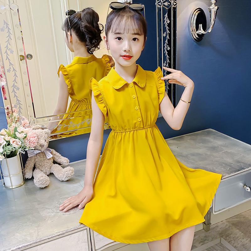 CHENGRUI Cô gái ăn mặc mùa hè 2023 váy công chúa phong cách tây cho trẻ em phiên bản Hàn Quốc Mid-Big Boy không tay màu ẩm váy