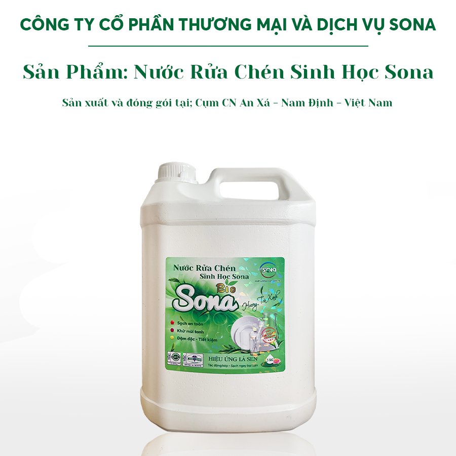 Nước rửa chén, rửa bát sinh học Sona 5kg, làm sạch siêu tốc, an toàn, mềm mại với da tay