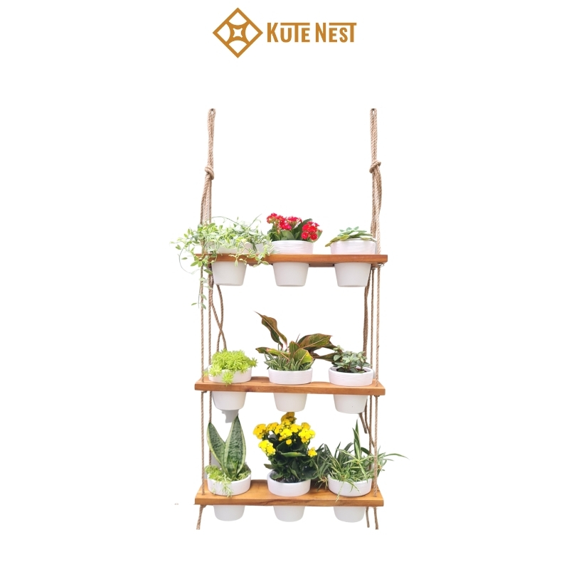 [Kute Nest] Kệ gỗ treo 3 tầng 9 chậu gốm trồng cây trang trí nhà cửa - Có 2 màu lựa chọn - Màu trắng