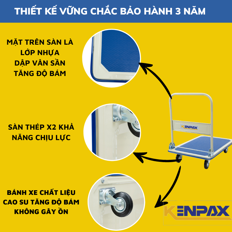 Xe Đẩy, Xe Kéo Hàng Gấp Gọn Sàn Thép 4 Bánh Kenpax Trọng Tải 150kg, 300kg, Bảo Hành 3 Năm