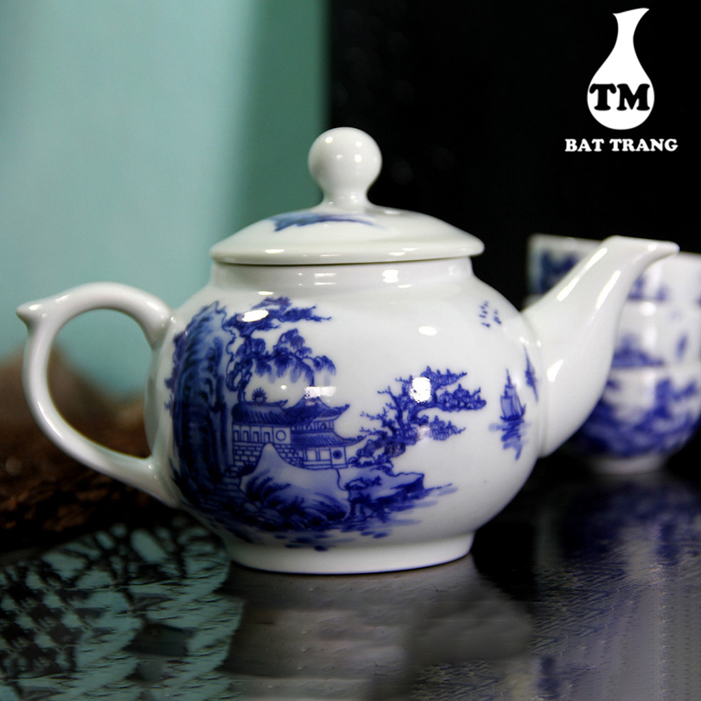 Bộ Ấm Trà Hoa Nhài Men Lam Vẽ Trúc Lâm Thất Hiền, Bộ Ấm Chén Trà Đạo Xưởng Gốm TM