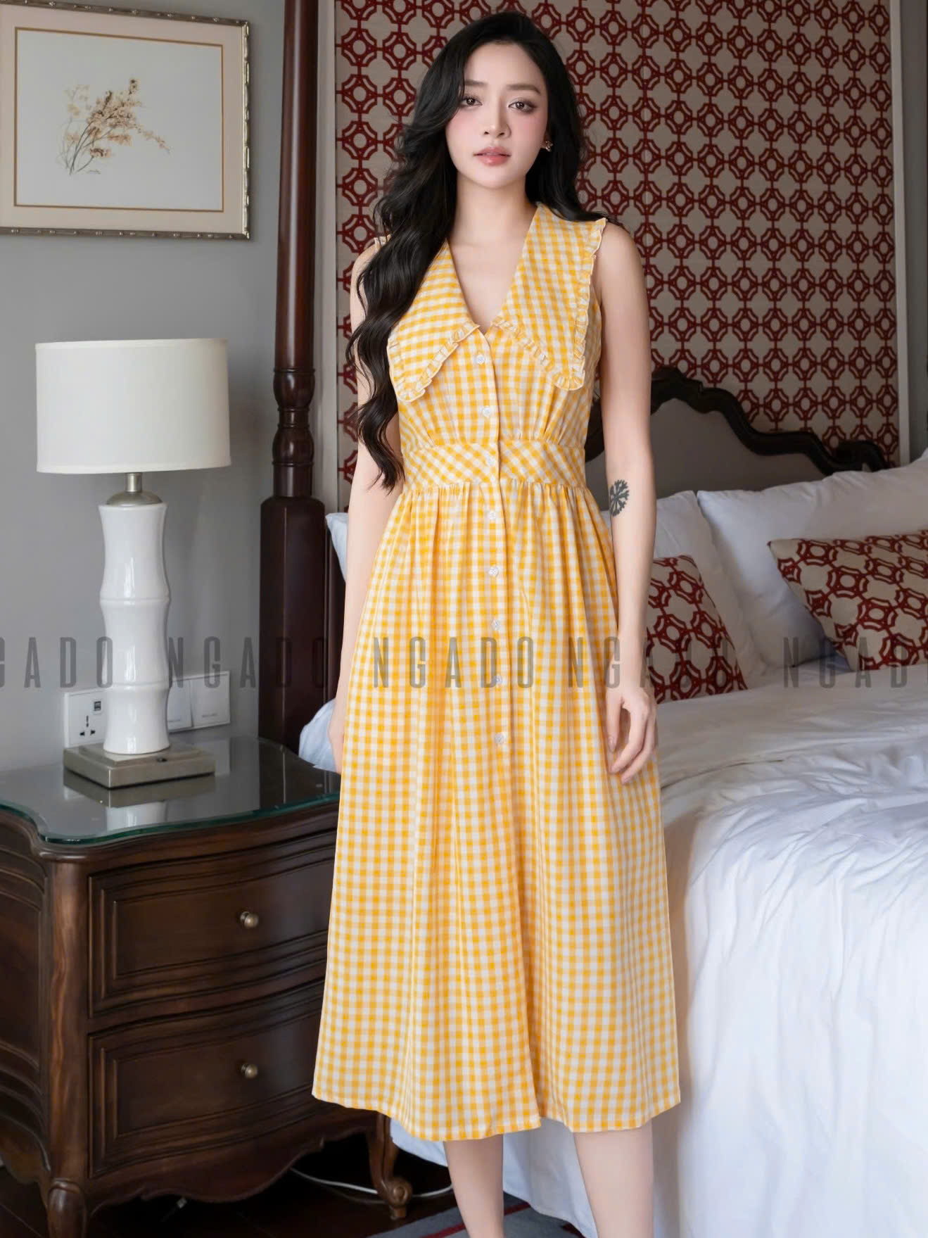 Đầm caro vàng sát nách NGADO , đầm kẻ caro , đầm sơ mi