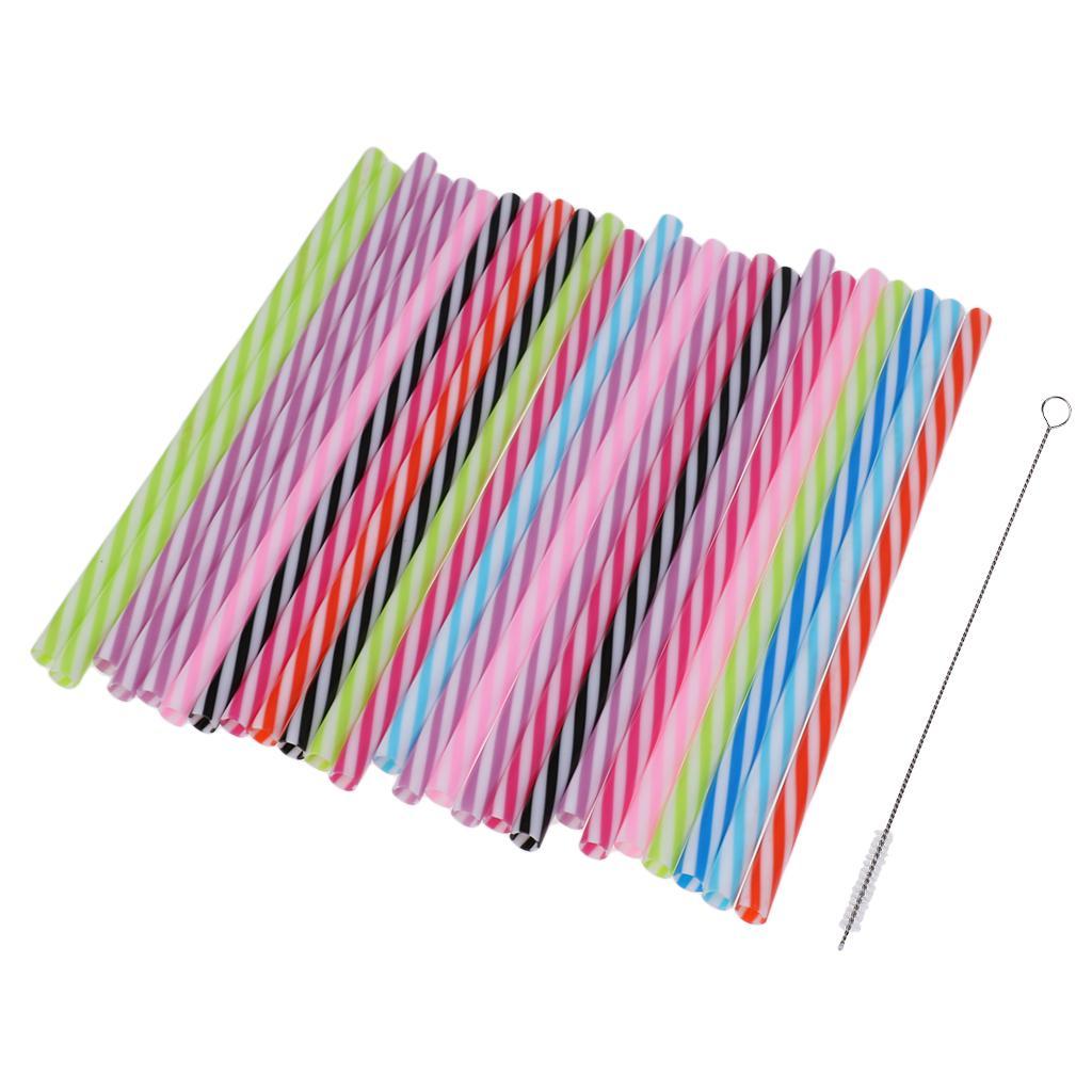 50PCS Reusable Hard Plastic Stripe Jar Straws + Brush Cocktail Drinking Bar