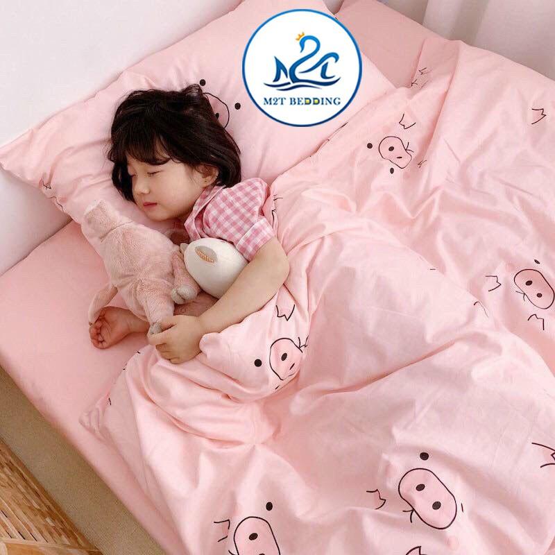 Bộ chăn ga gối Cotton Poly M2T bedding heo hồng, vỏ chăn mền, drap giường và 2 vỏ gối