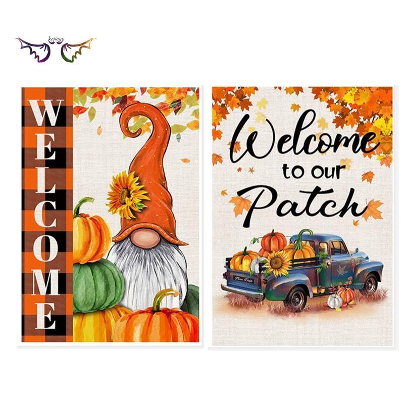 2 Pcs Welcome Harvest Autumn Garden Flag,Double-Sided Pumpkin Truck and Dwarf Garden Flag,Outdoor Patio Decoration