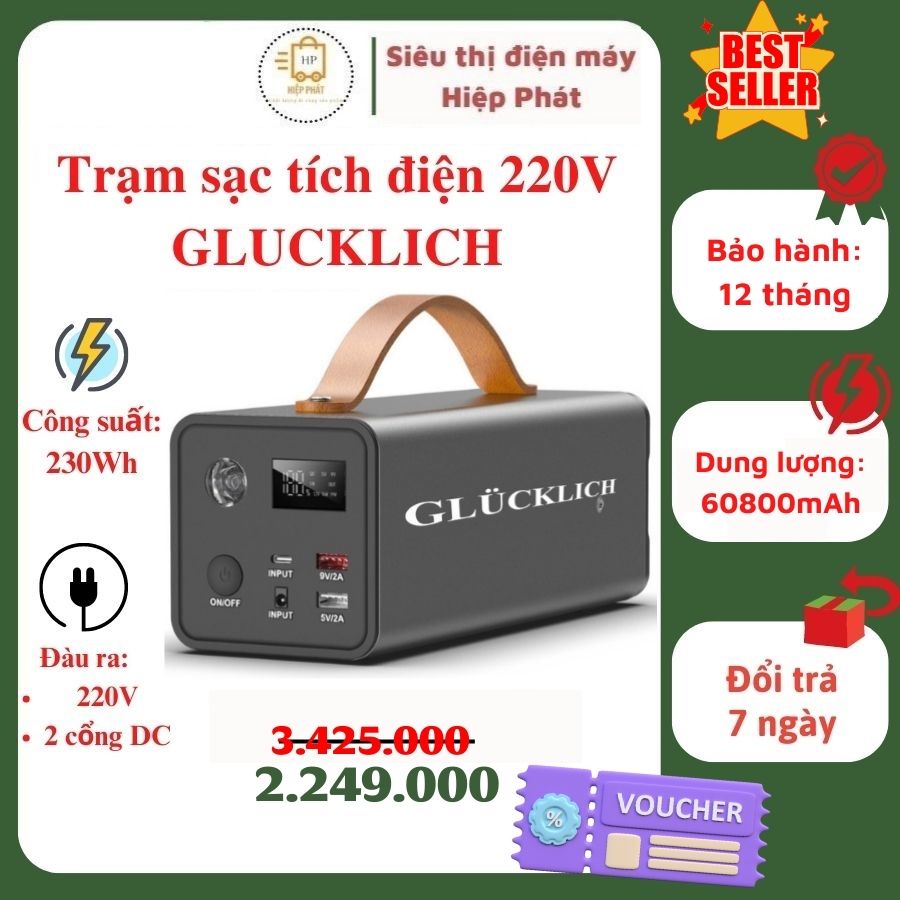 Bộ sạc tích điện di động, Pin Sạc Dự Phòng GLUCKLICH Dùng Cho Gia Đình, Máy phát di động 60800mAh, Công Suất Đỉnh 200W, Cổng điện 220V-200W - Hàng chính hãng