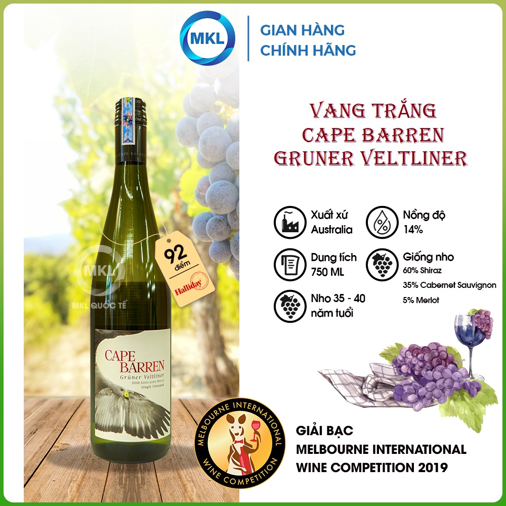 Rượu Vang Trắng Cape Barren Gruner Veltliner 750ml 14% - Úc - Hàng Chính Hãng