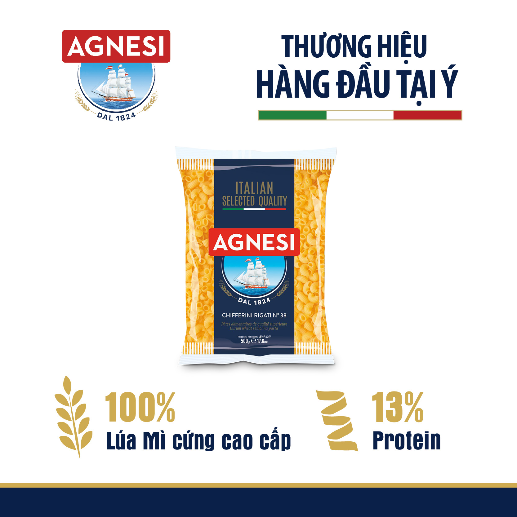 Nui ống nhập khẩu Ý cao cấp chifferini rigati Agnesi 500g