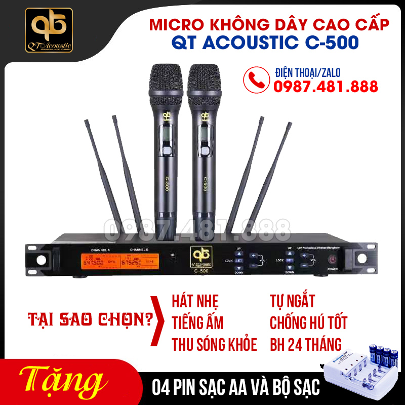 Micro không dây karaoke QT Acoustic C-500 - Hát nhẹ, tiếng ấm, tự ngắt, chống hú tốt, BH 24 tháng - Tặng 04 pin sạc, bộ sạc - Hàng chính hãng