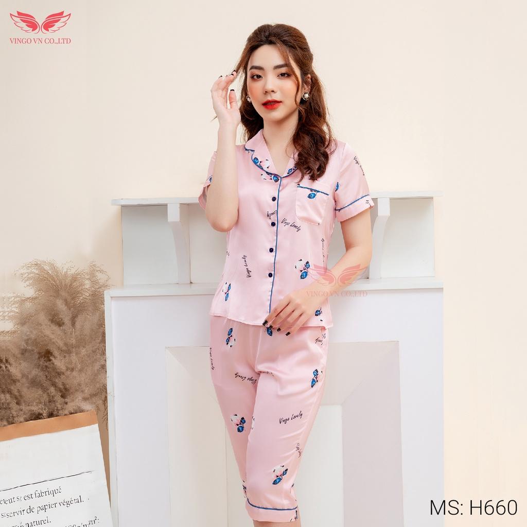 Đồ bộ nữ mặc nhà Pijama lụa Pháp VINGO tay ngắn quần lửng mặc mát mùa Hè họa tiết hoa hồng lé xanh thanh lịch H660 VNGO