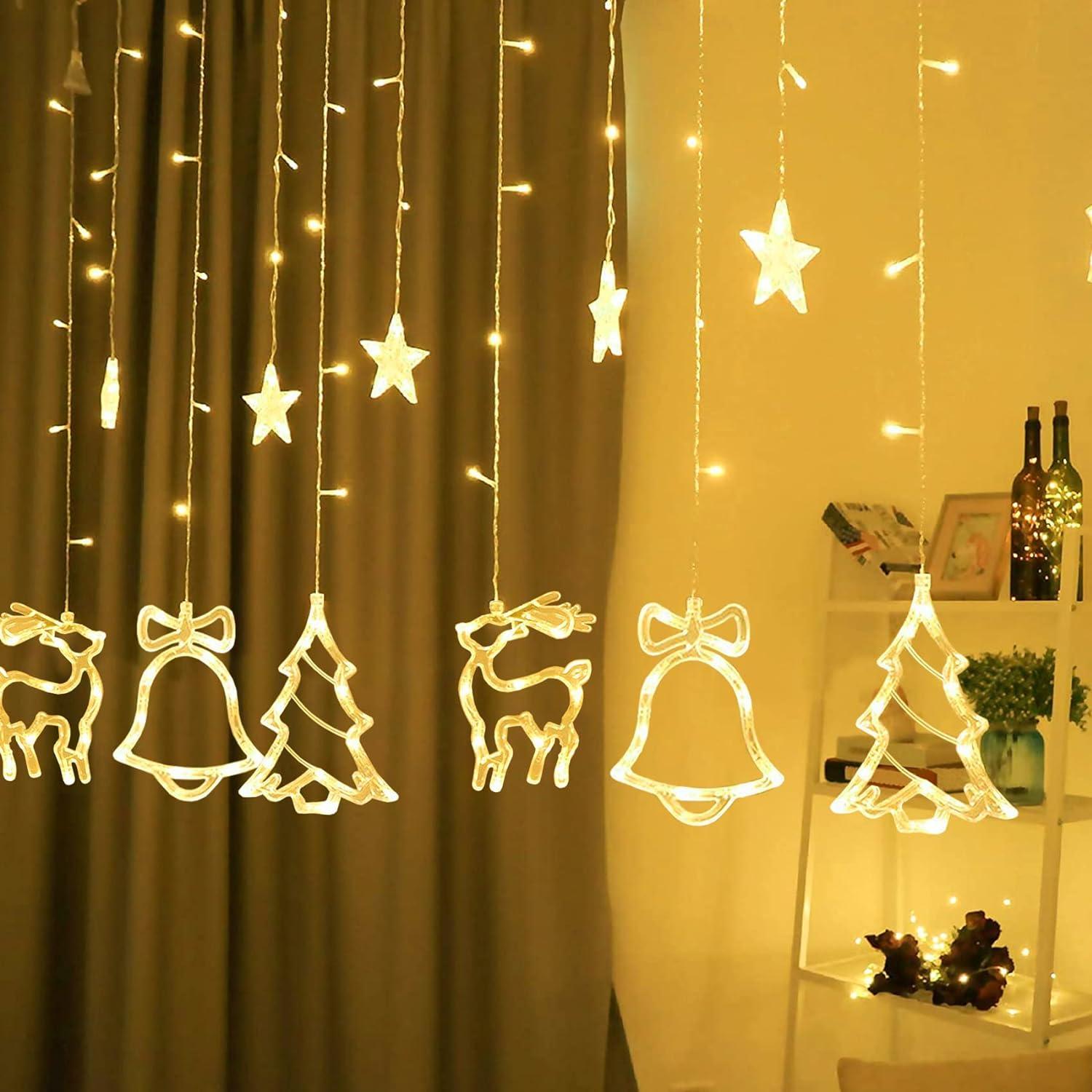 Vòng hoa ánh sáng Giáng sinh, Màn ánh sáng, Đèn màn LED, Màn ánh sáng Giáng sinh, Trang trí Giáng sinh, Vòng hoa ánh sao, 8 chế độ ánh sáng với 5 móc