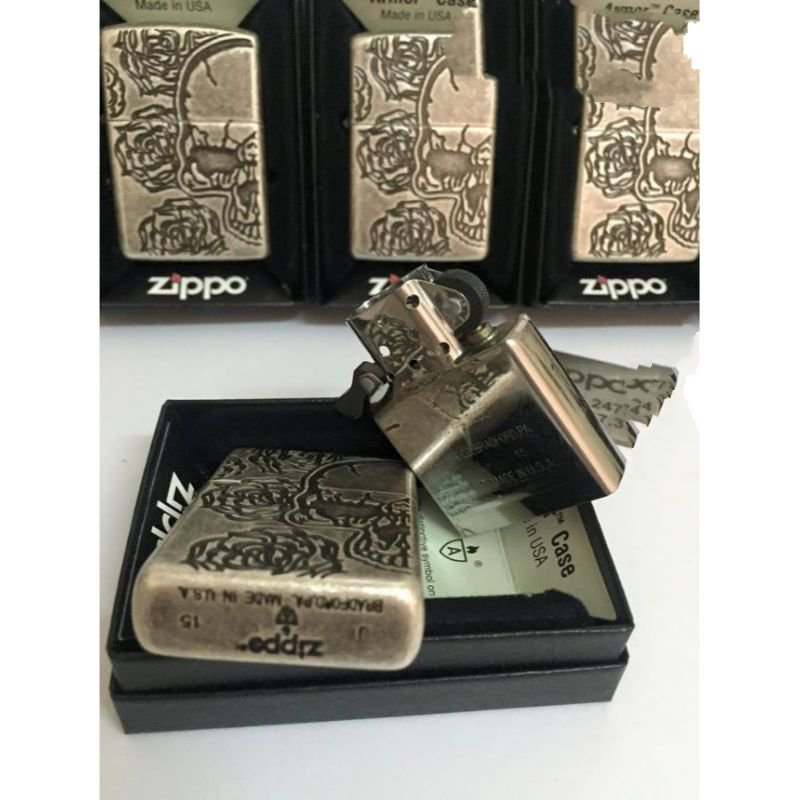 Bật Lửa Zippo Armor Skull Roses Antique Silver Plate Chính Hãng Usa