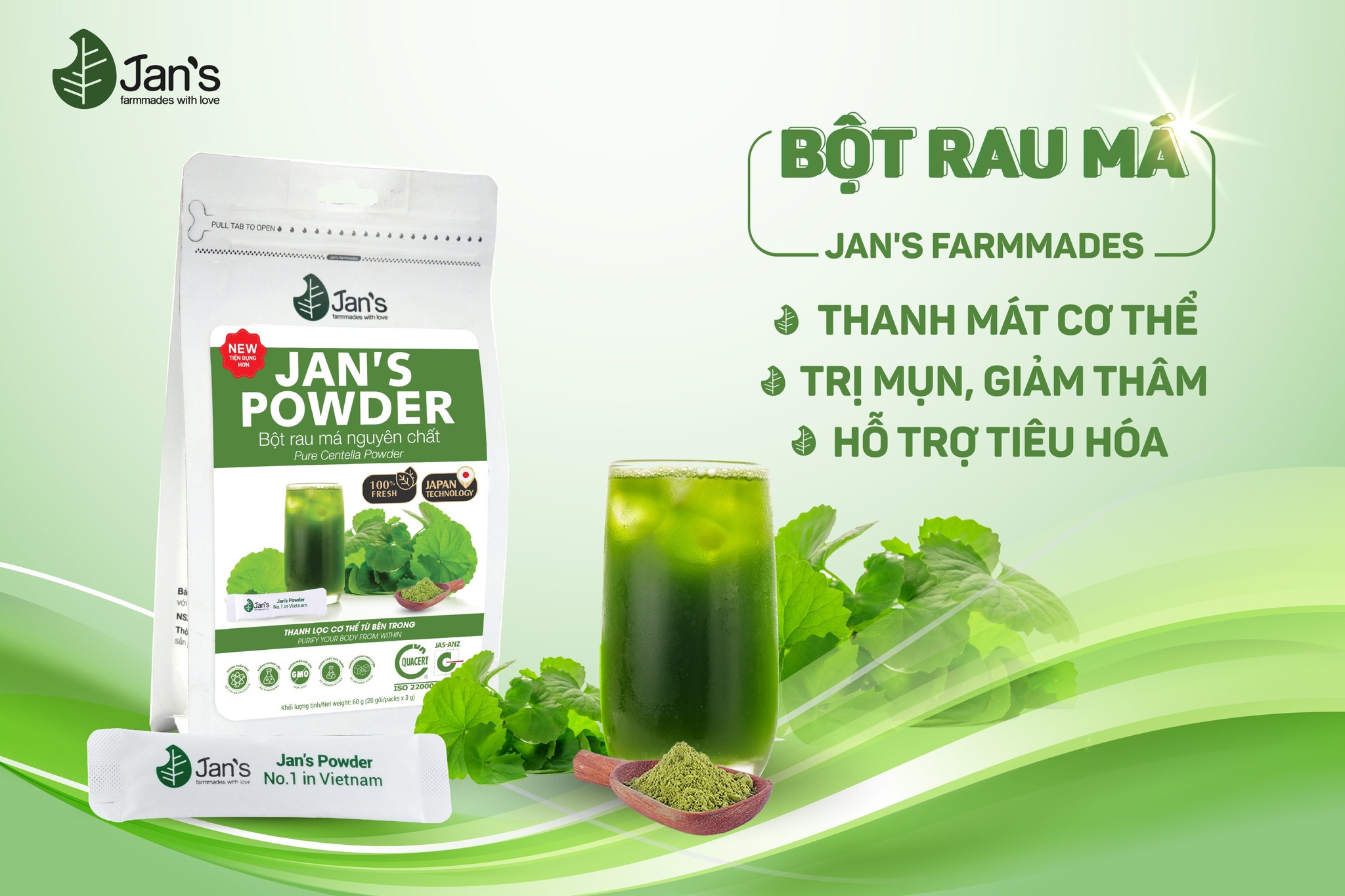 Bột Rau Má Nguyên Chất Sấy Lạnh Jan's Túi 60gr - Giúp Mát Gan, Thanh Lọc Cơ Thể, Hỗ Trợ Giảm Cân Giảm Mụn, Làm Đẹp Da