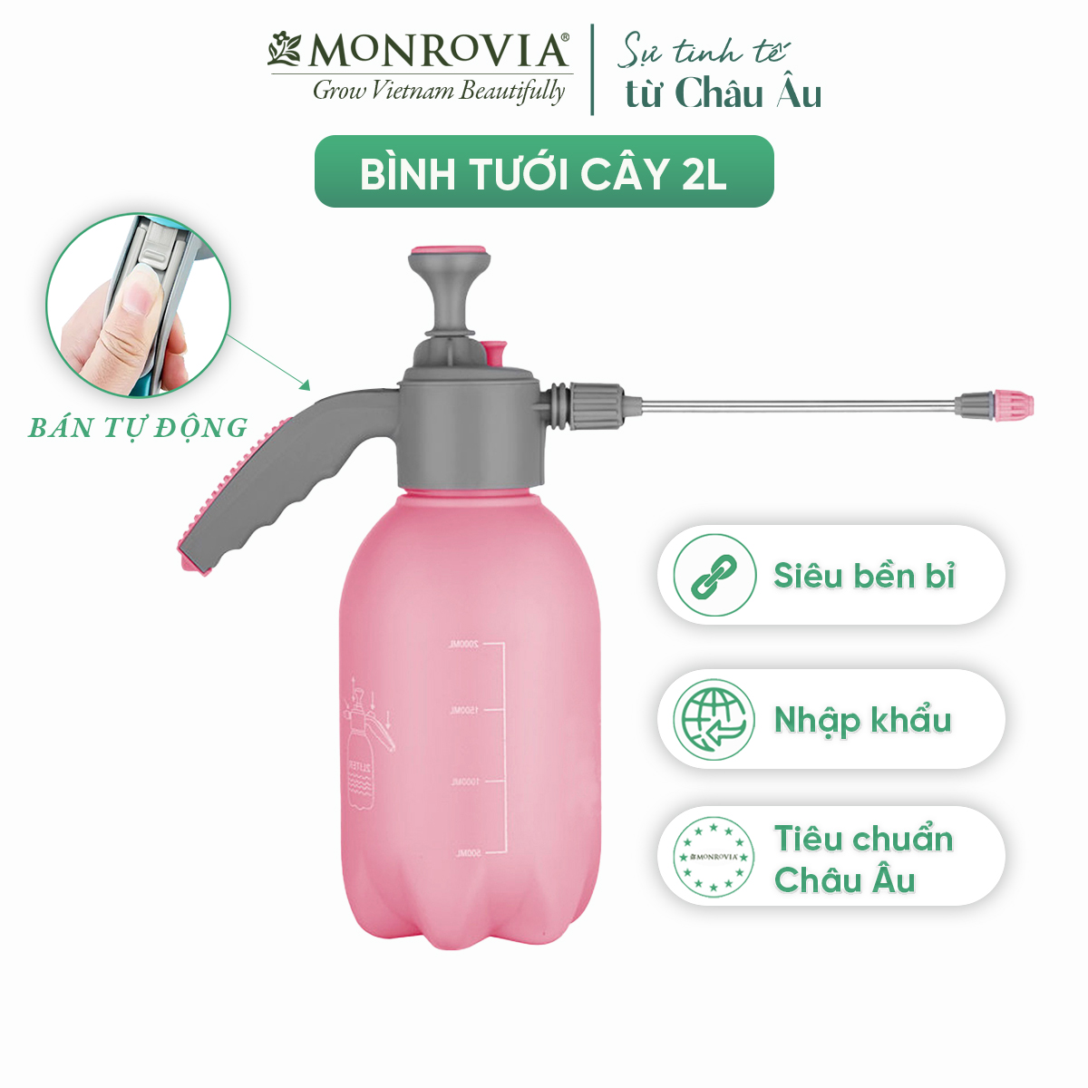 Bình xịt tưới cây MONROVIA 2 lít, bán tự động, phun sương tưới cây cảnh, vòi dài, tặng vòi ngắn, màu xanh, tiêu chuẩn Châu Âu
