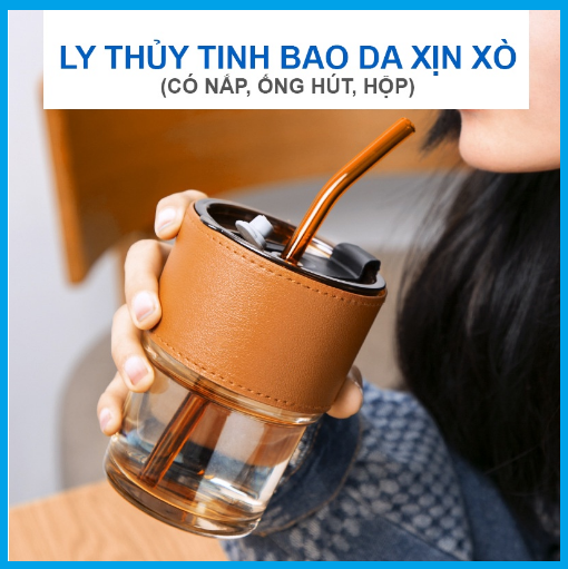 Cốc Ly Thủy Tinh 450ML Bọc Da Cao Cấp Tặng Kèm Nắp Đậy Và Ống Hút Thủy Tinh GD596-LyTT