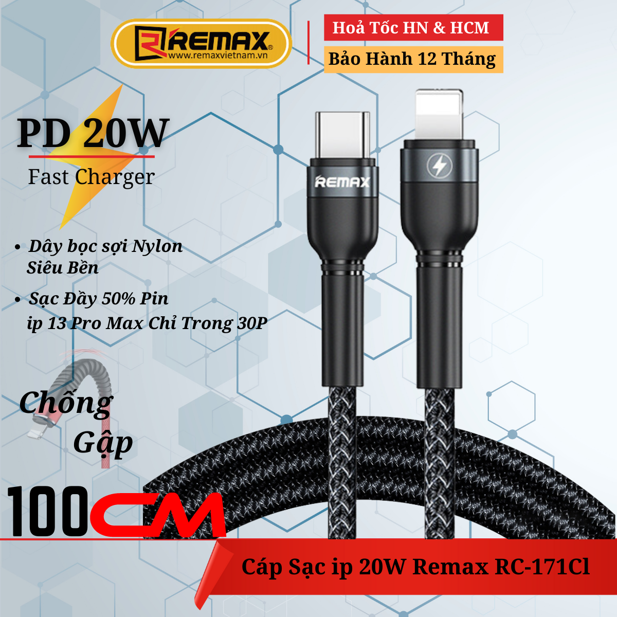 Dây sạc chính hãng Remax Type C to Lighning Remax RC-171cl cáp sạc nhanh 20w cho 14 pro max trở xuống - Hàng Chính Hãng Remax