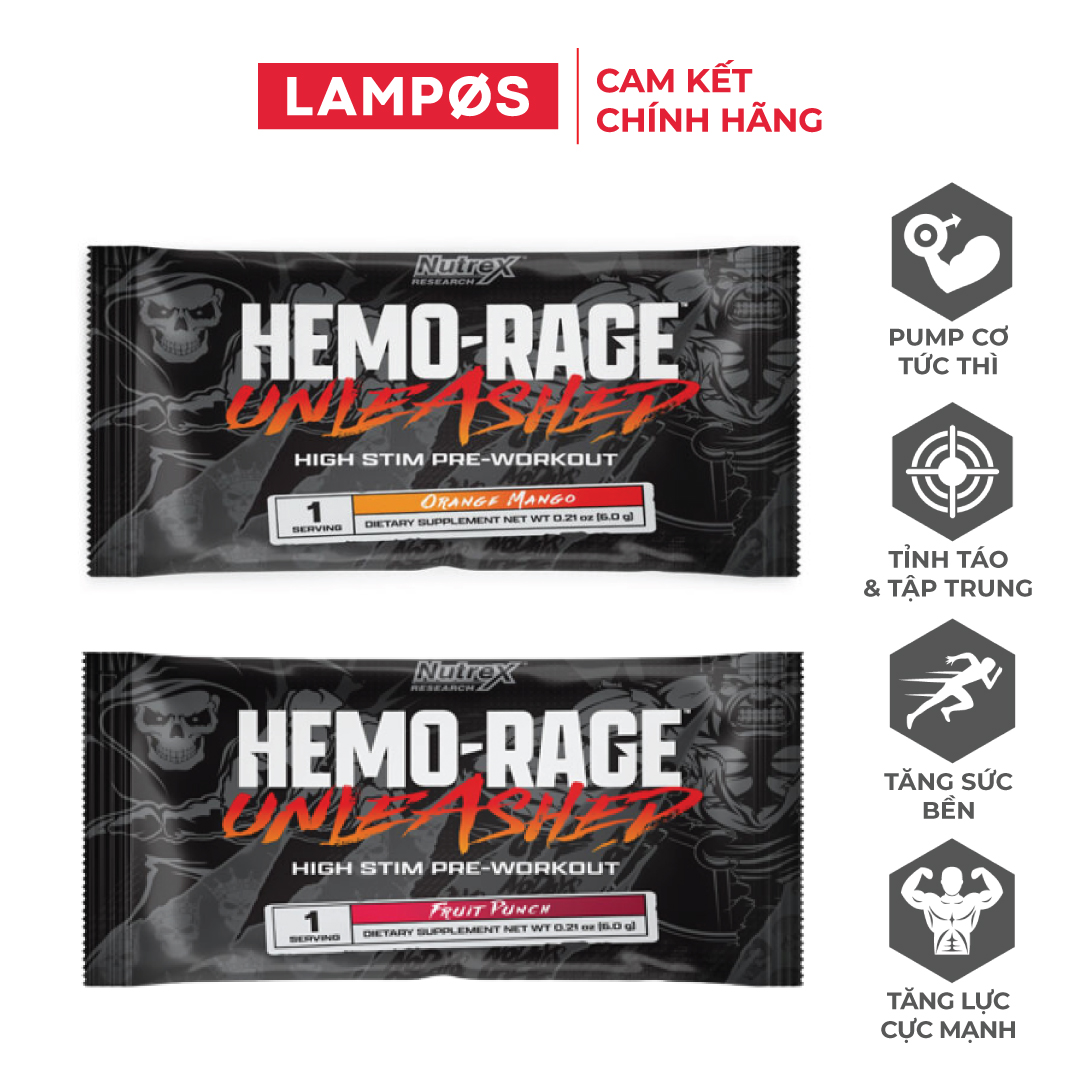 Nutrex Hemo-Rage Pre-Workout Gói (1 Lần Dùng) Hỗ Trợ Tăng Sức Mạnh, Sức Bền, Tỉnh Táo | Nhập khẩu USA