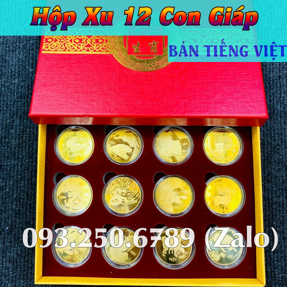 Bộ Đồng Xu 12 Con Giáp Mạ Vàng - Kèm Hộp Đỏ Sang Trọng Phong Thuỷ May Mắn