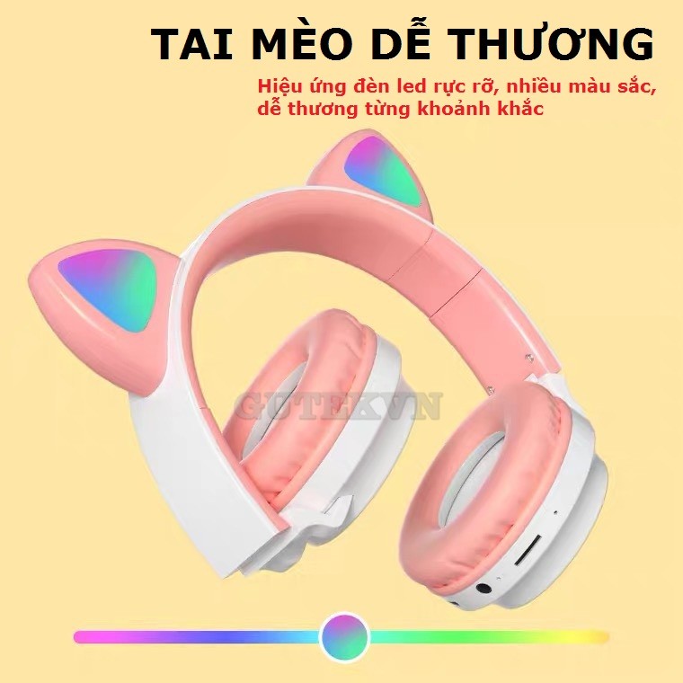 Tai nghe chụp tai bluetooth không dây tai mèo đèn led 7 màu Gutek B30 có mic chống ồn tốt - Hàng Chính Hãng