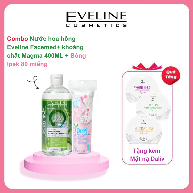 [Secret Gift] Bộ quà toner khoáng chất Magma Eveline Facemed 500ml &amp; Bông tẩy trang Ipek 80 miếng