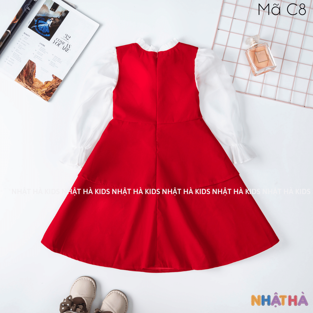 Váy đỏ cho bé gái C8 chất liệu nhung tuyết phối nơ siêu điệu size đại 11-45kg