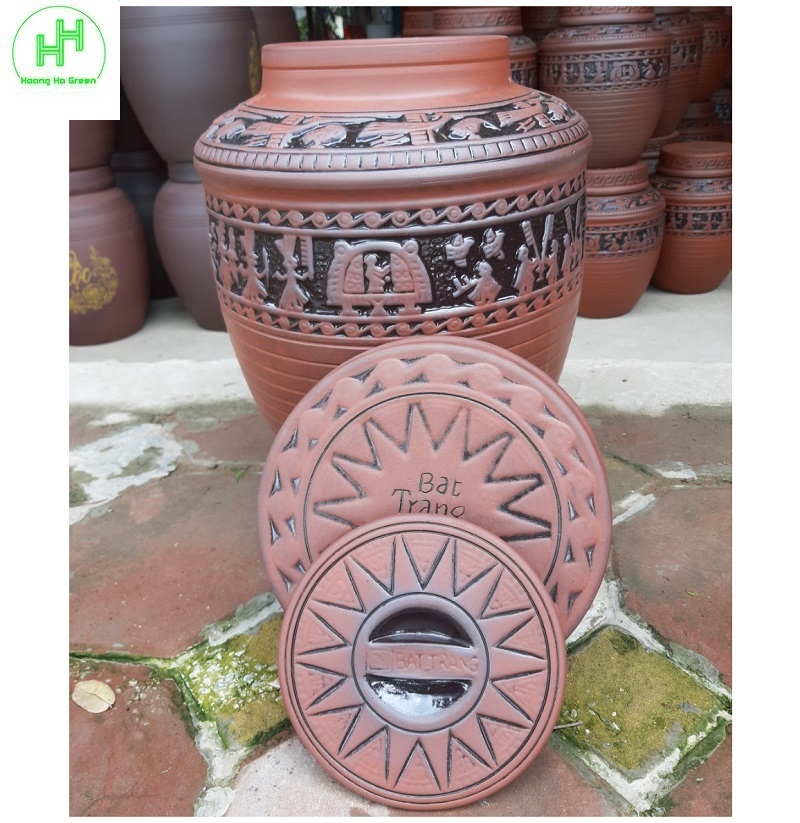 Bình, Chum, Vại ngâm r ượu chạm khắc họa tiết trống đồng, chất liệu Sành Bát Tràng, dung tích 20L
