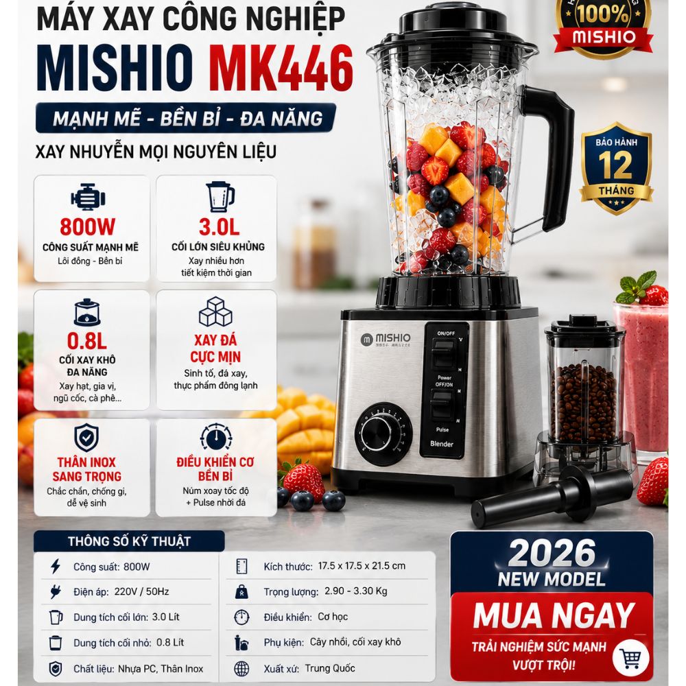 Máy Xay Sinh Tố Công Nghiệp Đa Năng Mishio MK446 (3.0L) - Công Suất 800W - hàng chính hãng