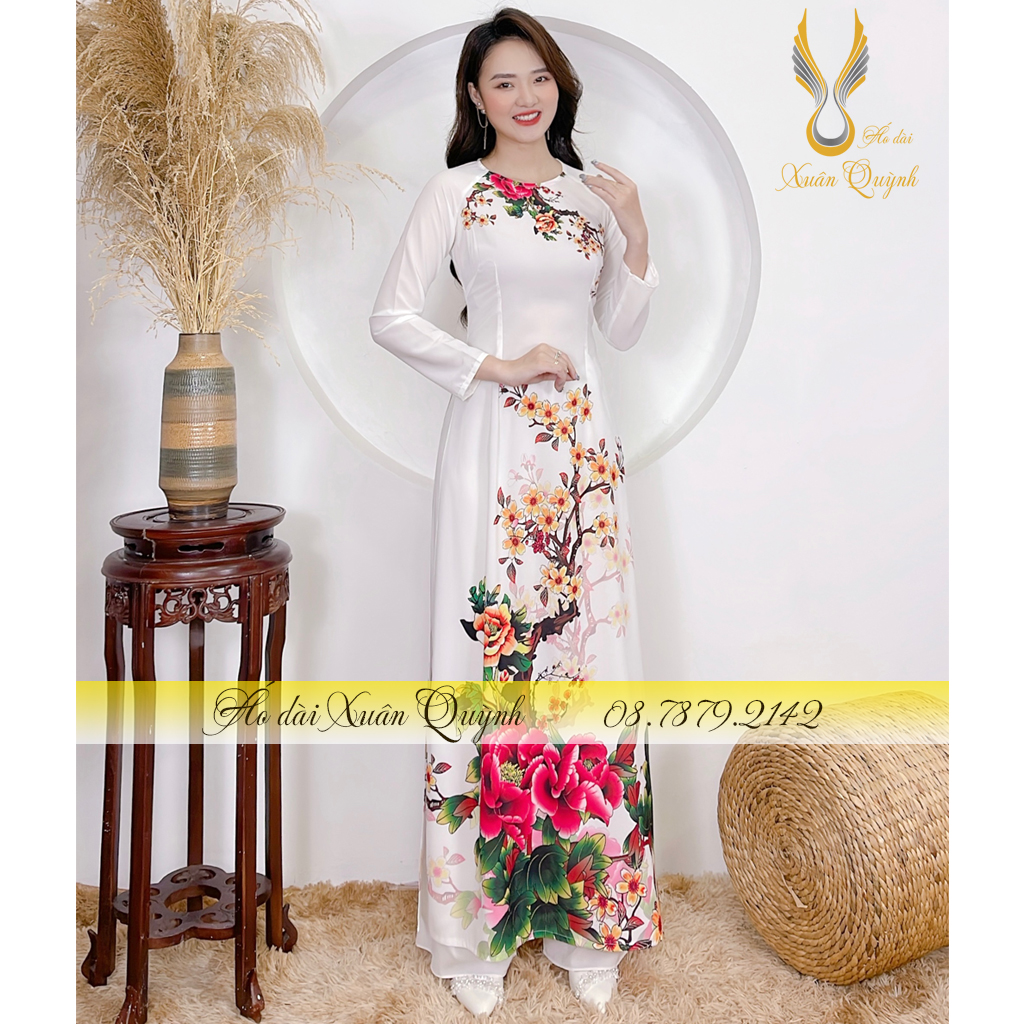 Áo Dài Hoạ Tiết Hoa Mẫu Đơn Đỏ, Thanh Lịch, Duyên Dáng Lụa Habutai Cao Cấp K86